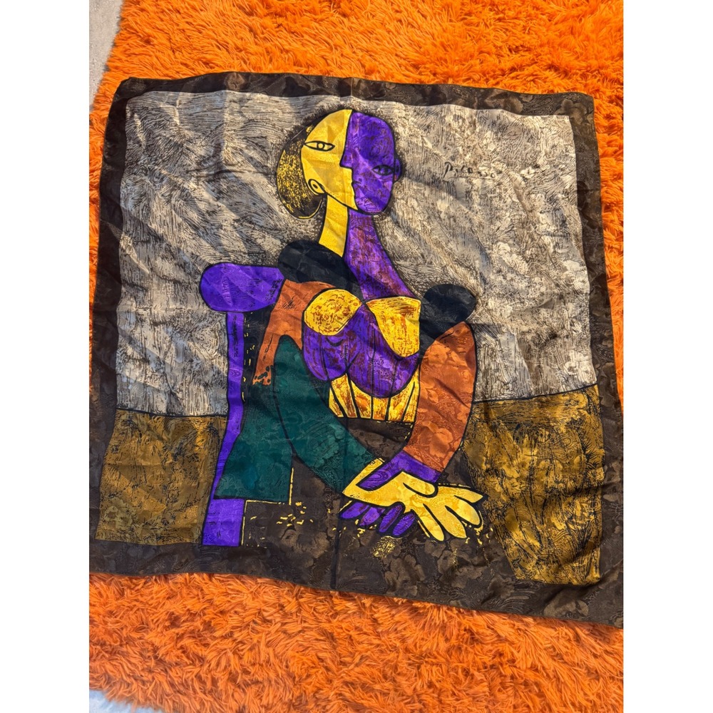 Vintage Picasso Art Silk Scarf Cubist Portrait Purple Yellow Jacquard 33x33